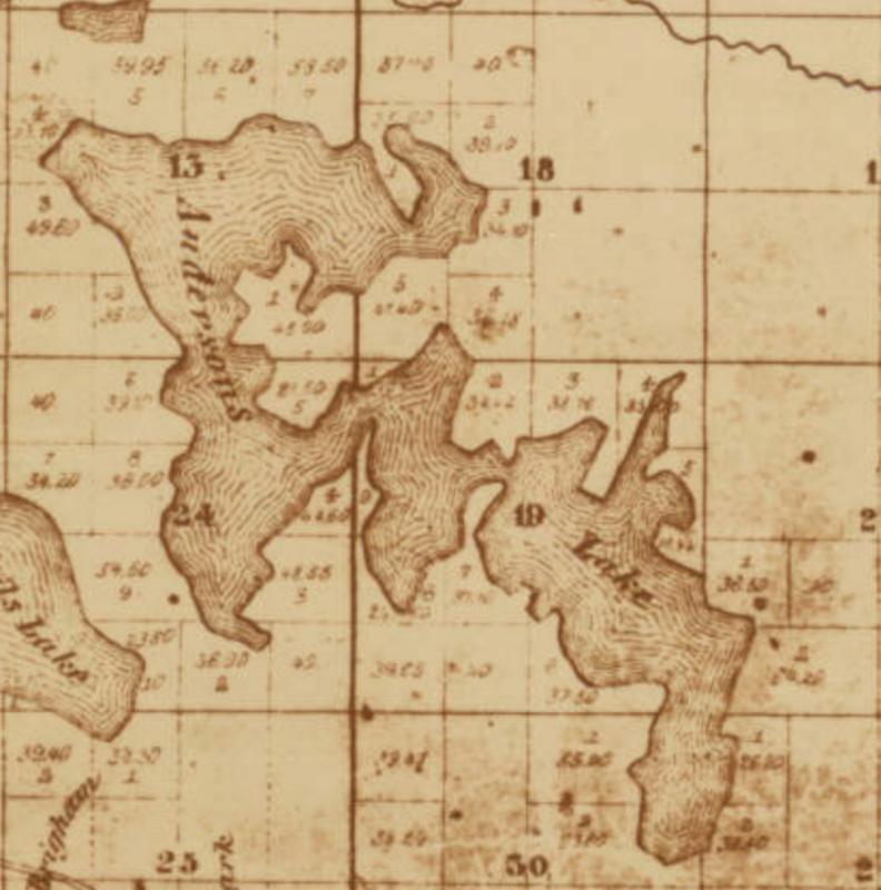 This clipping from R. Cook's &quot;Sectional Map of Hennepin Co. Minnesota Showing Cities, Townships, Townsites, Roads &amp;amp; RailRoads&quot; (1860) shows the contemporary Bush Lake (Bloomington, MN) as a bay on Andersons Lake (now the Anderson Lakes chain).