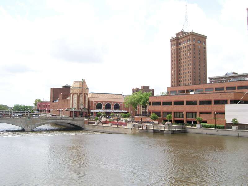 Aurora, Illinois: view of Fox River, Paramount Theater, Civic Center, Riverwalk, and Leland Tower