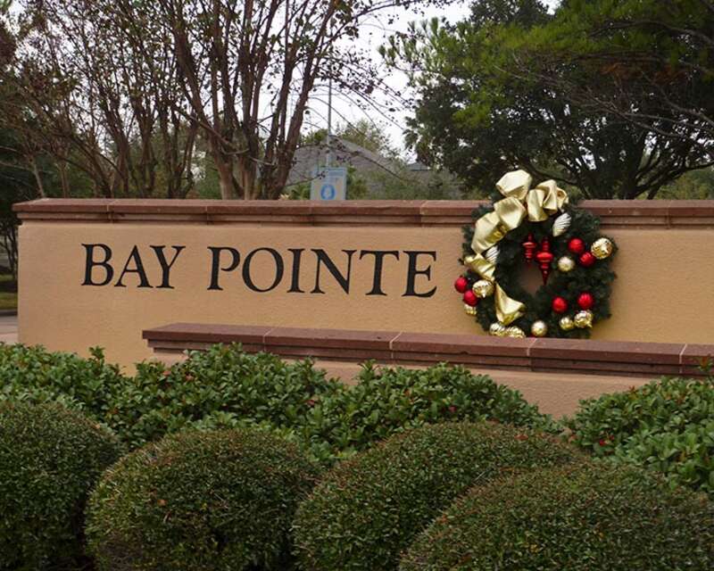 Holiday decoration at entrance to Bay Pointe subdivision in Clear Lake City, Houston, TX
