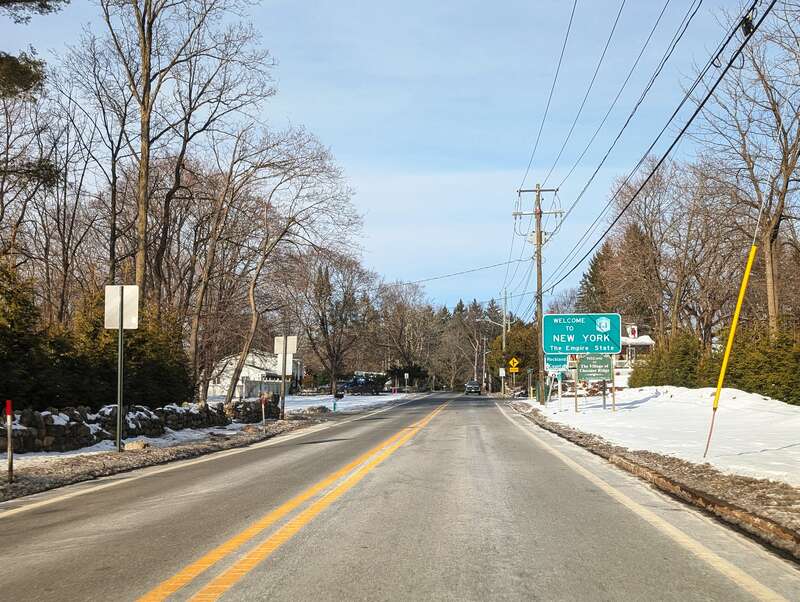 Photo of northbound County Route 73 (Chestnut Ridge Road) in Montvale, New Jersey at the New York line where the road continues into Chestnut Ridge as New York State Route 45. Photo taken looking north between Powder Hill Road and the state line.