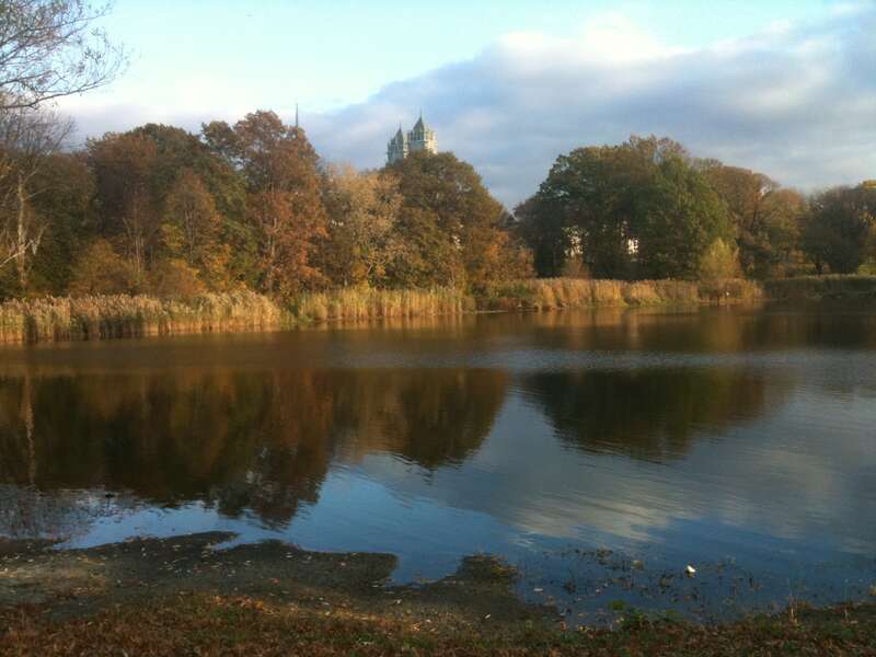 Reflection in water at Branch Brook Park in Newark. The top of Sacred Heart Cathedral is visible above the trees.