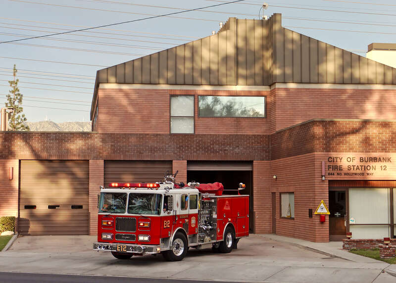 Departing fire truck at Fire Station 12 in Burbank, California.