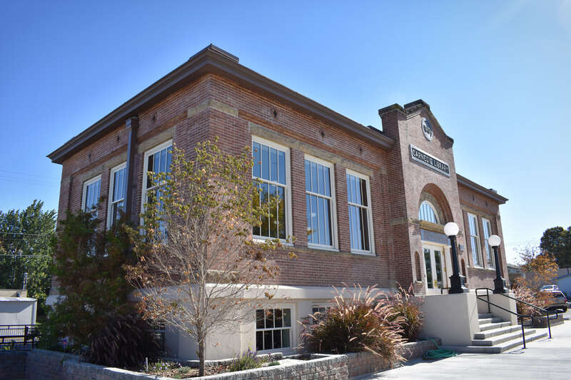 The southwest corner of Caldwell Carnegie Library, reopened in 2017 as the Caldwell Veterans Memorial Hall in Caldwell, Idaho.
