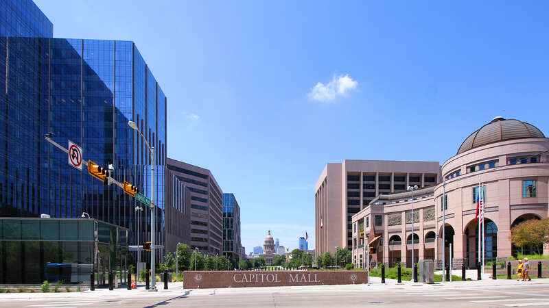 North entrance to the Capitol Mall, a public green space in the Texas Capitol Complex in Austin, Texas, United States.