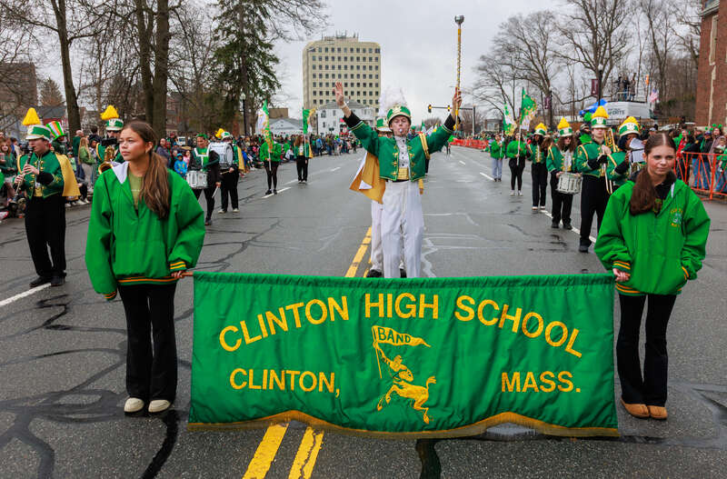 Clinton High School band. Taken at the 2025 St. Patrick's Day Parade in Worcester, Massachusetts