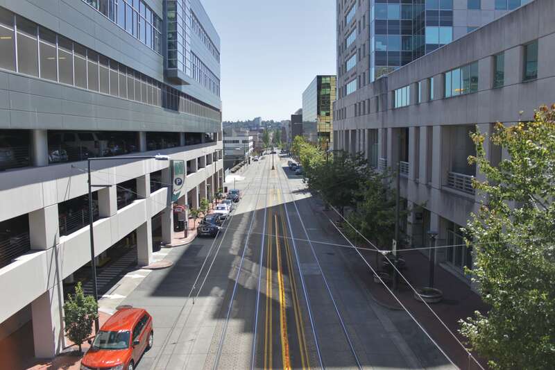 Commerce Street southbound from S 12th Street, between Pacific Plaza and Tacoma Financial Center