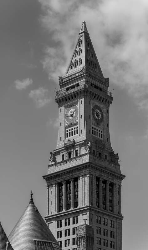 Custom House Tower with the tip of the Flour and Grain Exchange Building in the foreground, Financial District, Boston, Massachusetts, US (PPL2-Enhanced)