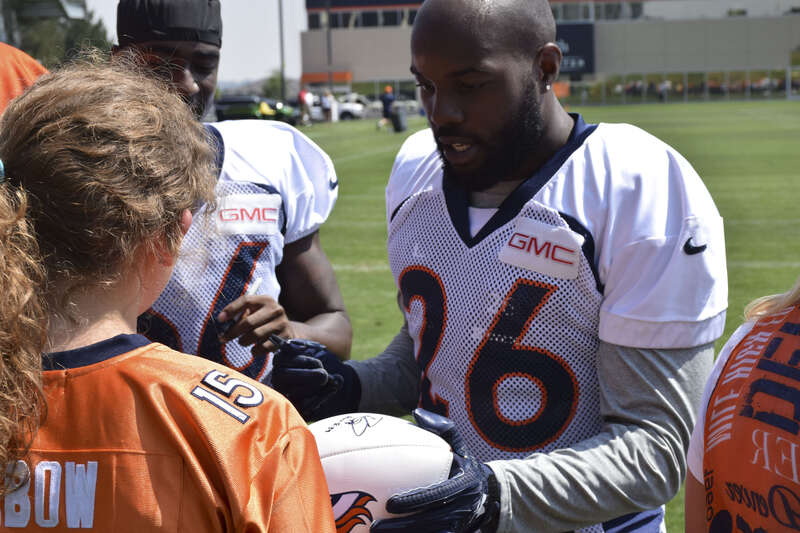 Ten teams of five service members participate in five head to head skills challenges at the UCHealth Training Facility in Englewood, Colo., Aug. 25, 2016. The event was hosted by the USAA and NFL to show appreciation for military members. Following