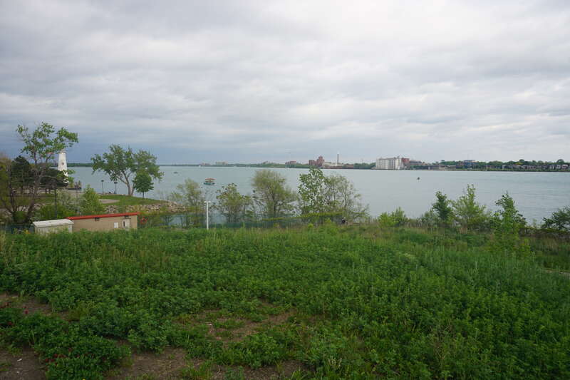 The Detroit River and the William G. Milliken State Park and Harbor in Detroit, Michigan (United States).