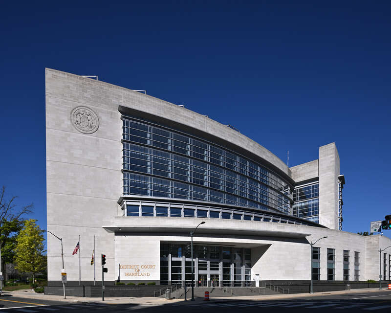 The building for the District Court of Maryland which has jurisdiction over  landlord-tenant law cases, replevin actions, motor vehicle violations, misdemeanors, and certain felonies. 191 East Jefferson Street, Rockville, Maryland 20850.