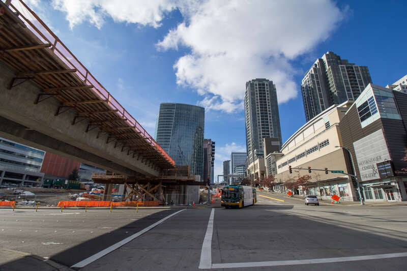 Looking east at the tracks to/from the future Bellevue Downtown Station.  Bellevue Transit Center is visible in the far distance.