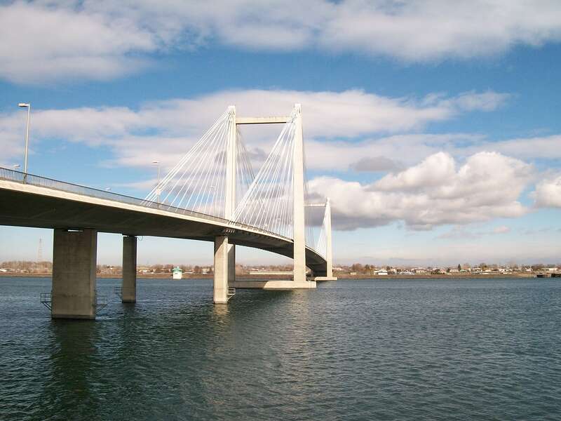 Ed Hendler Bridge also known as the Cable Bridge as seen from Kennewick, Washington.