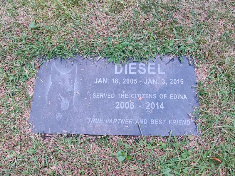 Memorial plaque for Edina police dog named Diesel