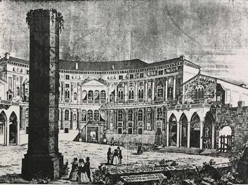 Engraving of Arena Chapel to the right of older palace (also bought by Scrovegni)