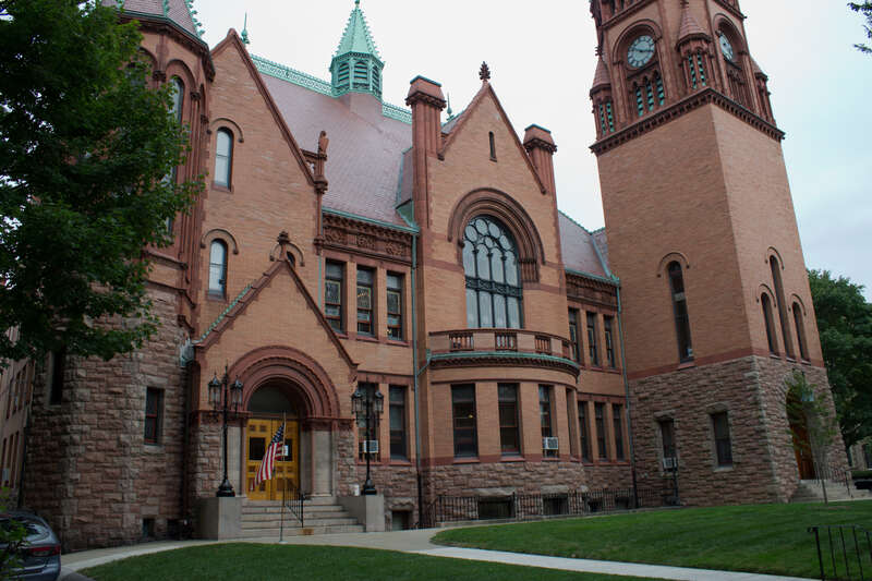Fairhaven Town Hall West side of the  upper portions of the Fairhaven Tall Hall, viewed from the north.