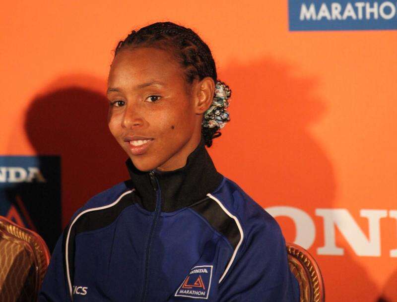 Fatuma Sado answers questions from reporters after winning the 2012 Honda LA Marathon in Los Angeles, CA. Related photo post: &amp;lt;a href=&quot;http://michaeldorausch.com/2012-los-angeles-marathon-winner-photos/&quot; rel=&quot;nofollow&quot;&amp;gt;2012 Los Angeles Marathon