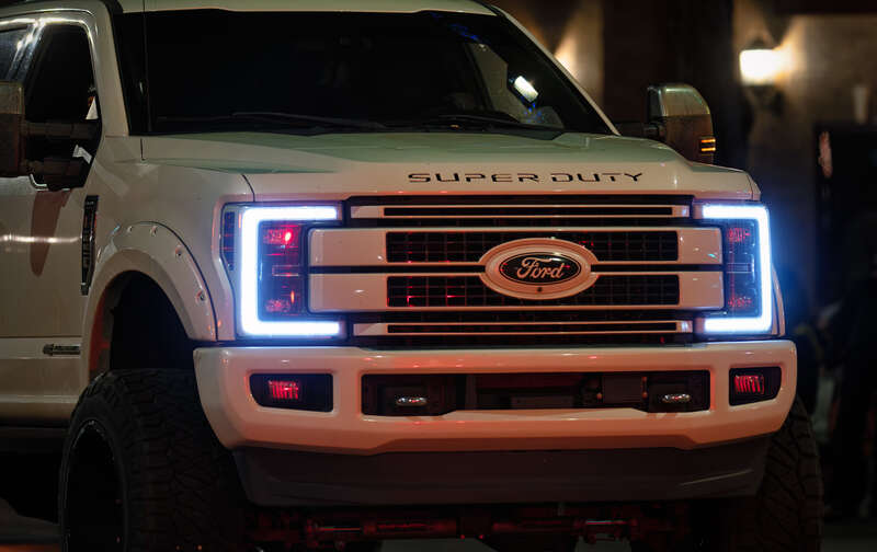 A Ford Super Duty pickup truck in the Cheyenne Christmas Parade, Cheyenne, Wyoming, on November 30, 2024.