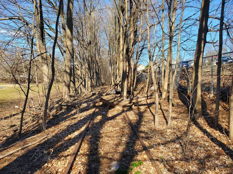 Abandoned tracks of the Center Street Branch of the Meriden, Waterbury and Connecticut River Railroad, seen in Brookside Park in Meriden in March 2023