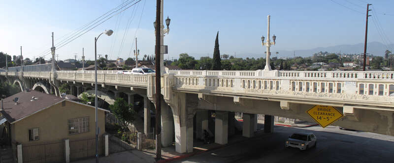Two-image panorama of the bridge on Fourth Street in the hilly Boyle Heights neighborhood of Los Angeles, California.