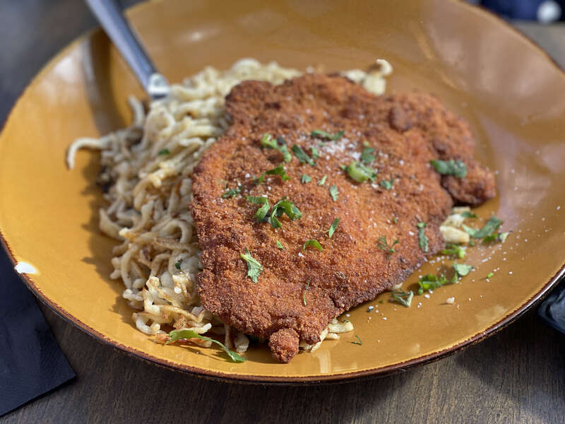 Schnitzel and spaetzle at Franchettis Gasthaus + Kitchen, Santa Rosa, California