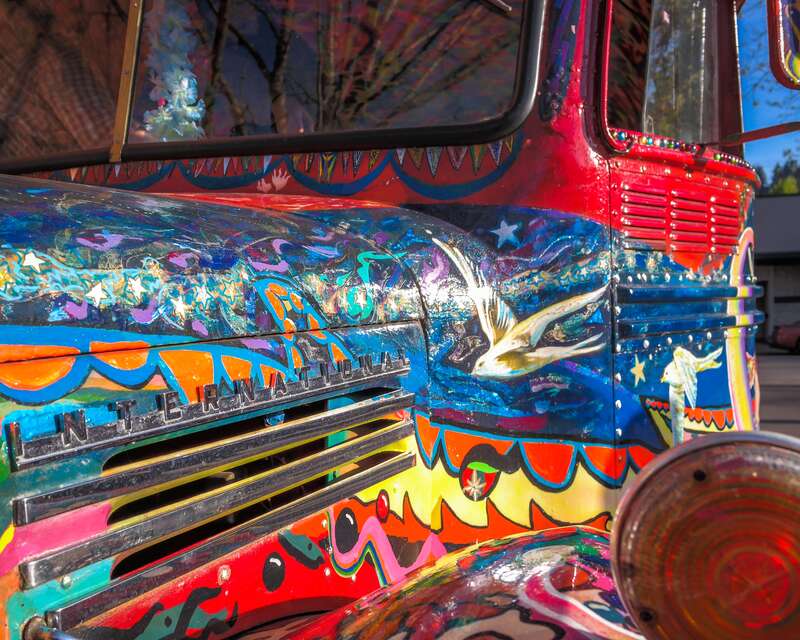 The current incarnation of Ken Kesey's bus, Further, photographed at the Springfield's Kesey exhibit in Springfield, Oregon