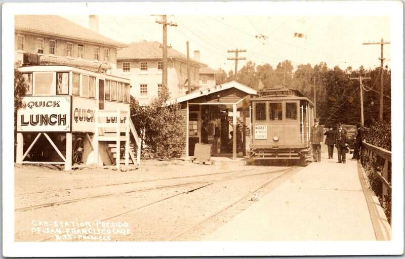 Divided back postcard of a G Exposition streetcar at the Presidio terminal in 1915