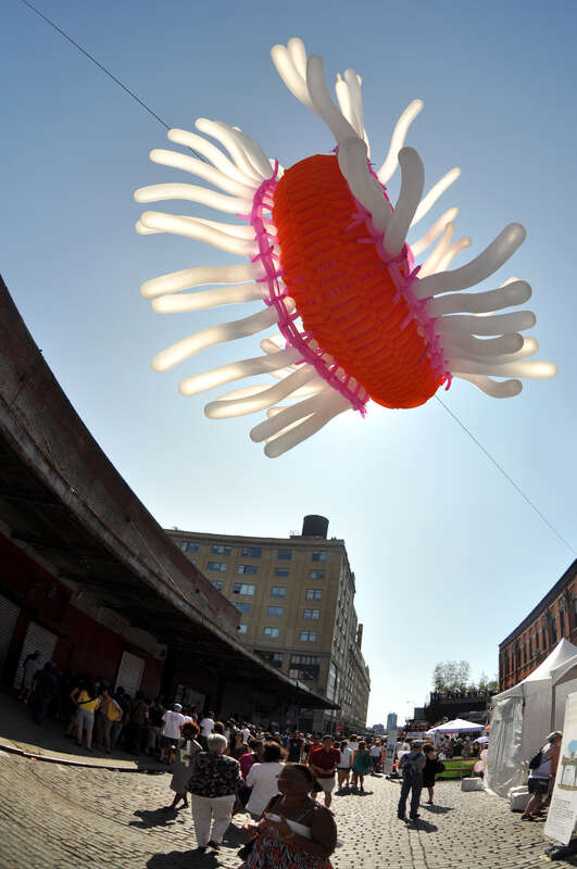 Target High Line Street Festival, NYC.  Gansevoort Street east of Washington Street, looking approximately WSW.  South end of the High Line can be seen on the right in the background.