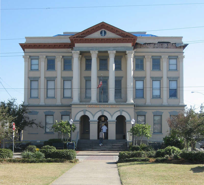 City Hall, Gretna, Louisiana. Note damage to fascade from Hurricane Katrina.