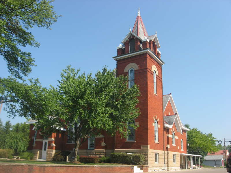 Front and eastern side of the Groveport United Methodist Church, located at 512 E. Main Street in Groveport, Ohio, United States.  Built in 1907, it is listed on the National Register of Historic Places.