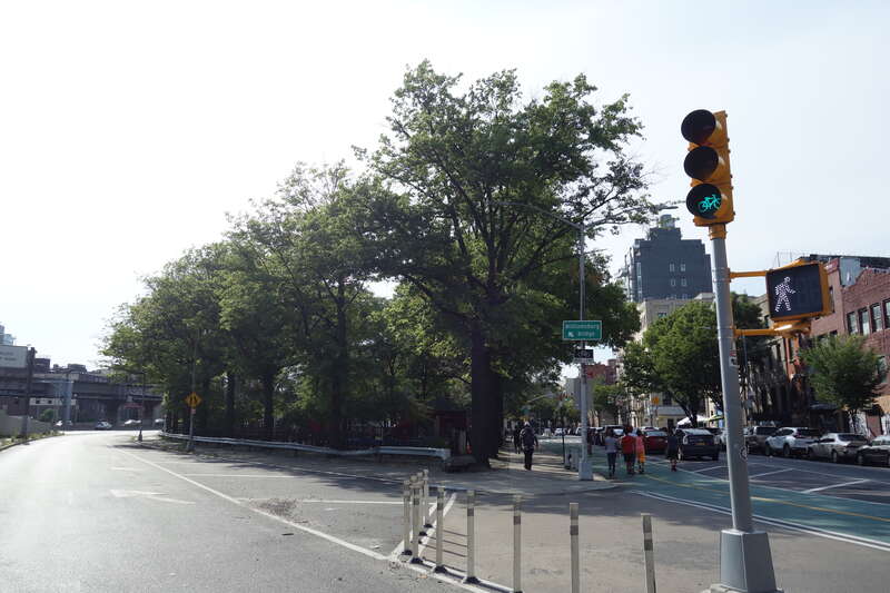 Looking at the main section of LaGuardia Playground, next to the Williamsburg Bridge on-ramps at South 4th Street and Borinquen Place (Grand Street) near Havemeyer Street in Williamsburg, Brooklyn.