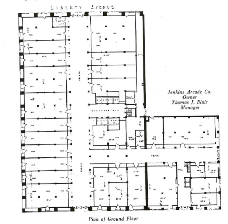 Jenkins Arcade ground floor plan, bordered by Penn Avenue, Fifth Street, Stanwix (formerly Ferry) Street, and Liberty Avenue, Pittsburgh, Pennsylvania. Demolished 1984. The first three floors consisted of a shopping arcade with an atrium; offices
