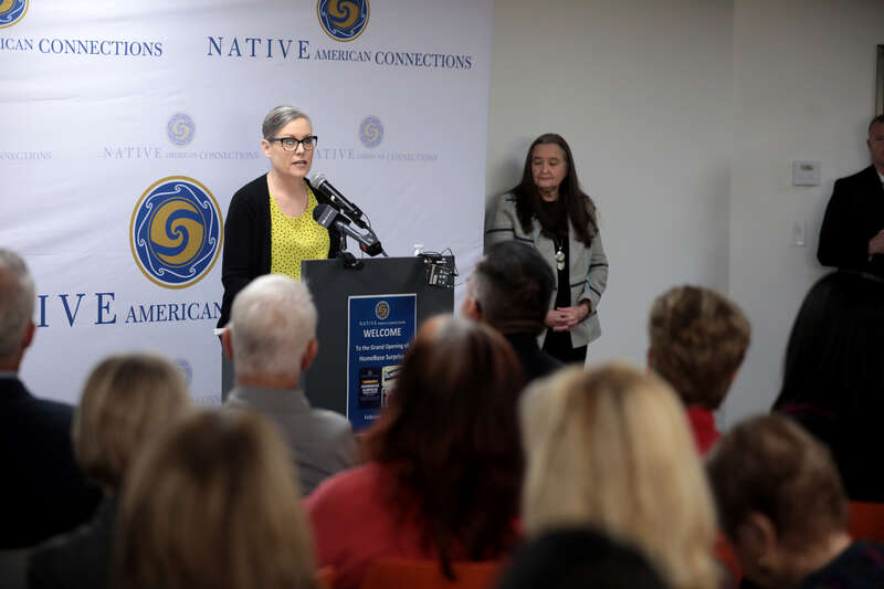 Governor Katie Hobbs and Diana Yazzie Devine speaking with attendees at the grand opening of Homebase hosted by Native American Connections in Surprise, Arizona.

Please attribute to Gage Skidmore if used elsewhere.