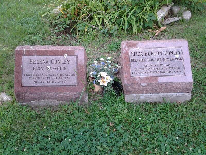 Gravesite of Eliza Burton &quot;Lyda&quot; Conley in the Huron Indian Cemetery in Kansas City, Kansas, along with that of her sister Helena &quot;Lena&quot; Conley. Lyda Conley was the first woman admitted to the Kansas bar and is notable for her fight to preserve the