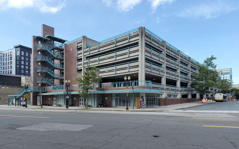 The parking garage at Lynn station in July 2021
