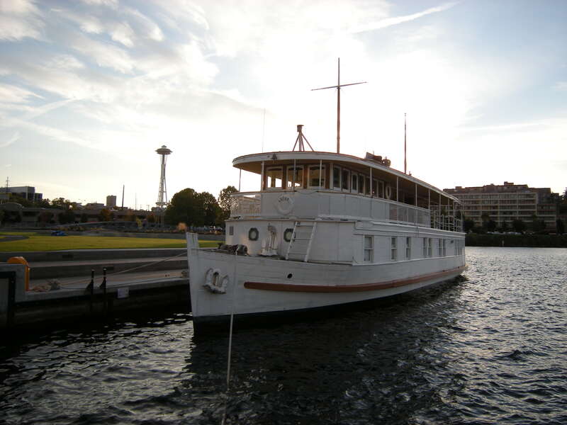MV Lotus, normally moored in Olympia, Washington, visiting the Historic Ships Wharf, Seattle, Washington. The 1909 boat is listed on the National Register of Historic Places.

Space Needle in background.