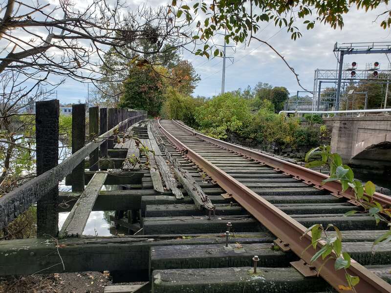 The abandoned Manufacturers Railway bridge over the Mill River seen in October 2020
