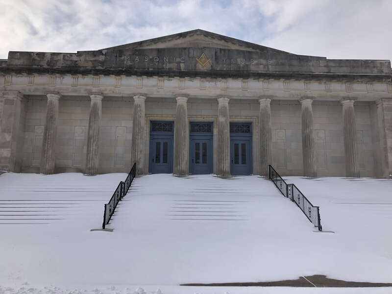 Photo of the Masonic Temple in Muskogee OK during a respite in the w:en:February 13–17, 2021 North American winter storm. Photo taken from the Southeast.