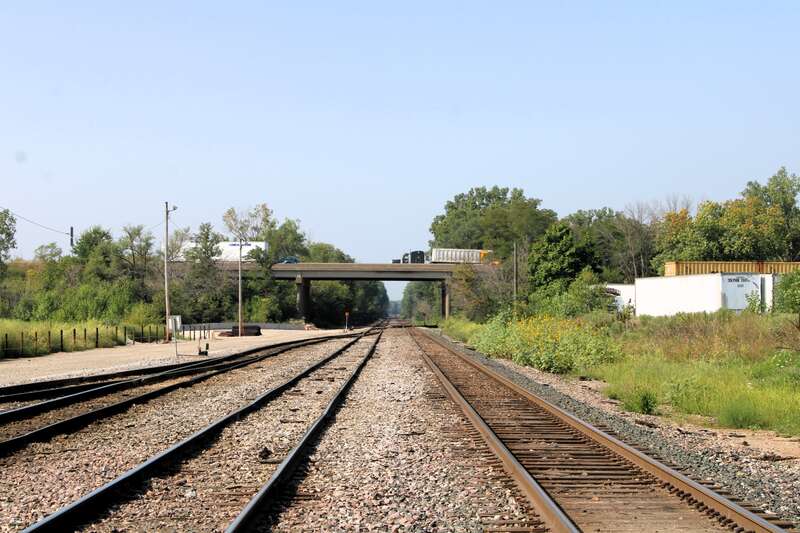 Canadian Pacific Kansas City railroad's Nahant Yard in Davenport, Iowa. Interstate 280 is elevated in the background.