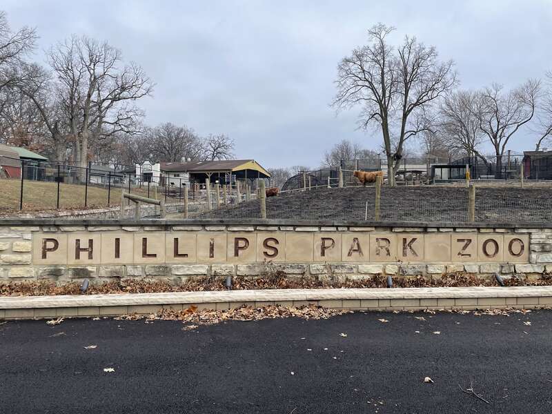 The old entrance to Philips Park Zoo in Aurora, Illinois, US. This entrance is now fenced off. Taken February 2, 2025.