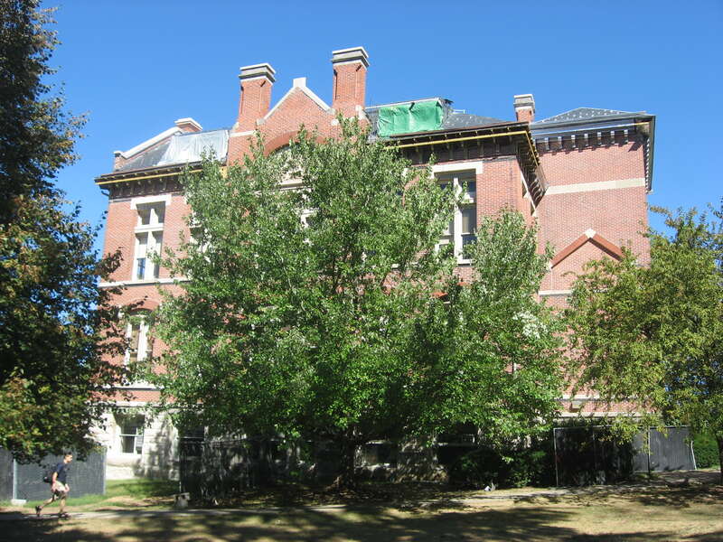Front of Owen Hall on the campus of Indiana University in Bloomington, Indiana, United States.  Built in 1884, it is part of The Old Crescent, a group of the oldest buildings on the university's campus that is listed on the National Register of