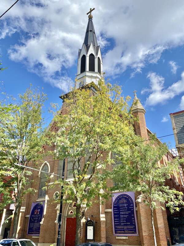 Built in 1871, this Gothic Revival-style church was built to house the congregation of what was then known as Trinity Lutheran Church, later known as Concordia Lutheran Church, and now known as Prince of Peace Lutheran Church, and stands on Race