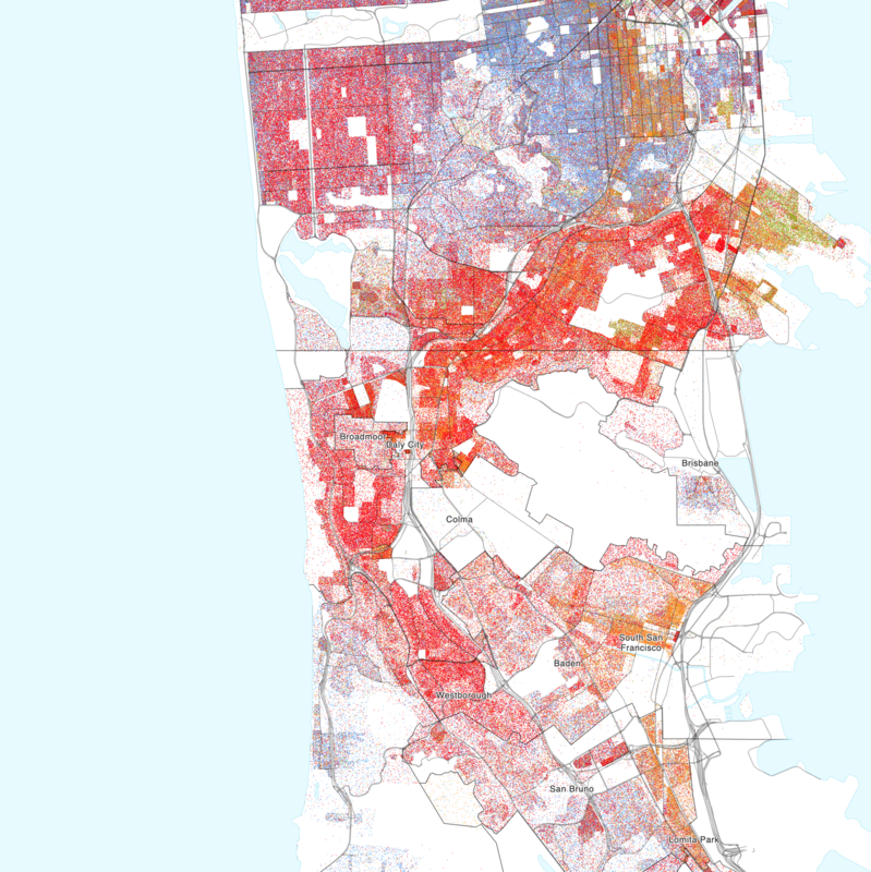 Map of the distribution of races and ethnicities in US cities, inspired by similar maps created by Dustin Cable and others.
Blue is White, Green is Black, Red is Asian, Orange is Hispanic, Purple is Multiracial, and Brown is Native American/Other.