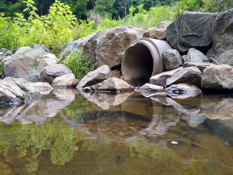 A pipe draining rainwater into Bolin Creek in Chapel Hill, North Carolina, near where the Bolin Creek Trail passes under Martin Luther King Jr Blvd.