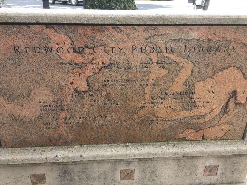 Dedication plaque for Main Downtown Library in Redwood City, California