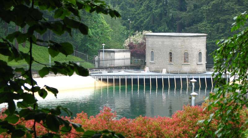 Reservoir no. 3 in Washington Park, Portland, Oregon, United States. Part of the Washington Park Reservoirs Historic District, a historic place listed on the US National Register of Historic Places.
