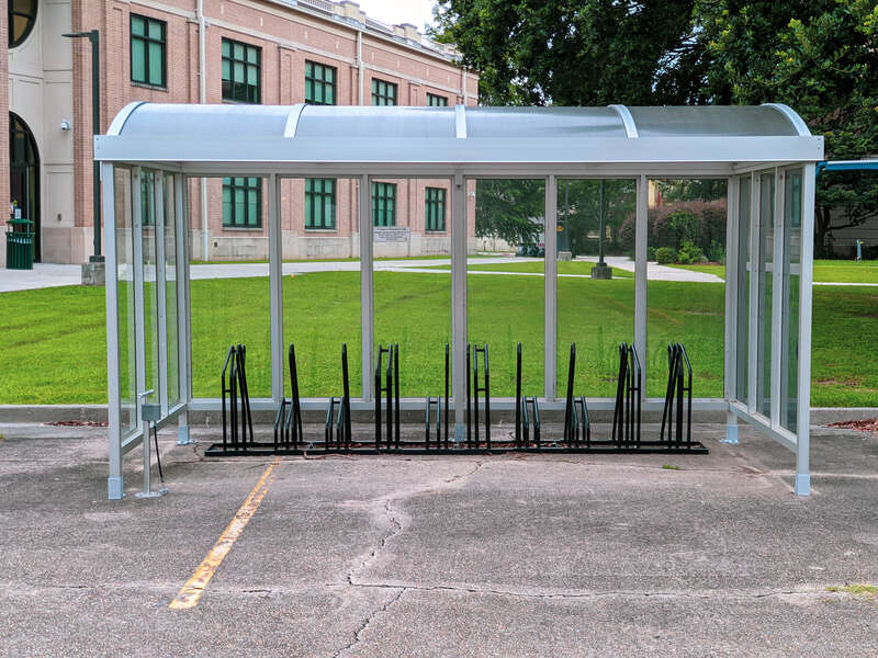 Sheltered Bike Rack - Delgado Community College, New Orleans, July 2021.   
Paid for with student fees