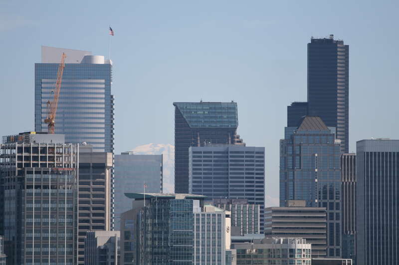 Seattle: Two Union Square on the left and Columbia Center on the right. Mount Rainier barely visible in the background.