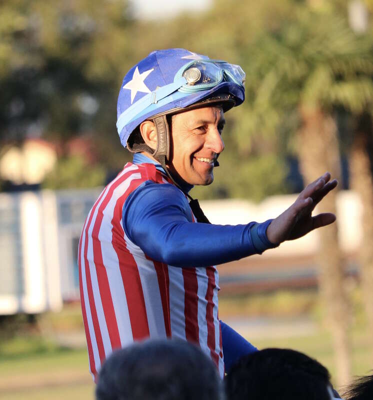 Victor Espinoza at Los Alamitos racetrack December 17, 2016&amp;gt;  He is wearing the racing colors of Kaleem Shah's racing stable