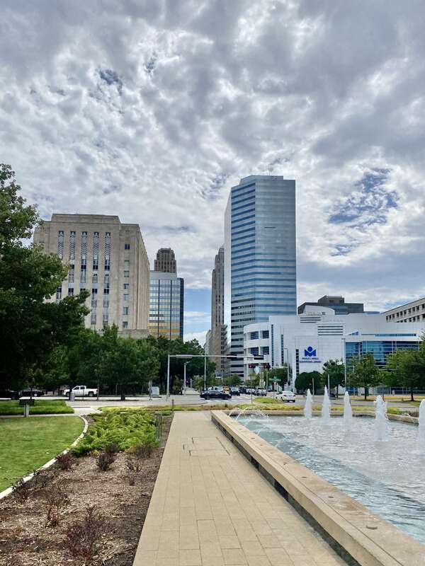 Oklahoma County Courthouse (Layton and Forsyth, 1937), Oklahoma Tower (I. M. Pei and Partners and Morris-Aubry, 1982), and Ronald J. Norick Downtown Library (Beck Associates, 2004) visible in the background.