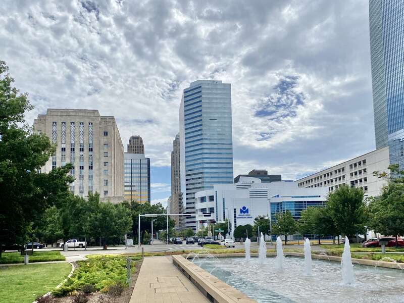 Oklahoma County Courthouse (Layton and Forsyth, 1937), Oklahoma Tower (I. M. Pei and Partners and Morris-Aubry, 1982), and Ronald J. Norick Downtown Library (Beck Associates, 2004) visible in the background.